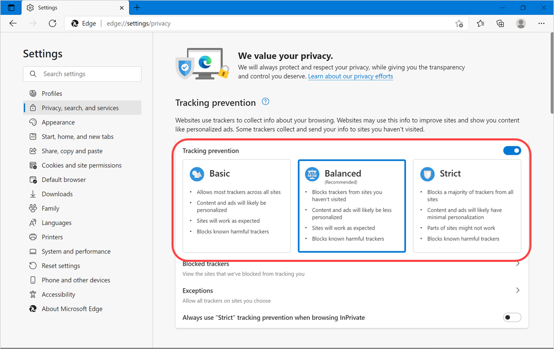 使用Microsoft Edge浏览器时改善隐私提示