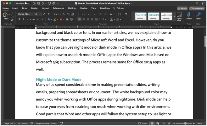 Word for Mac 应用程序处于深色模式