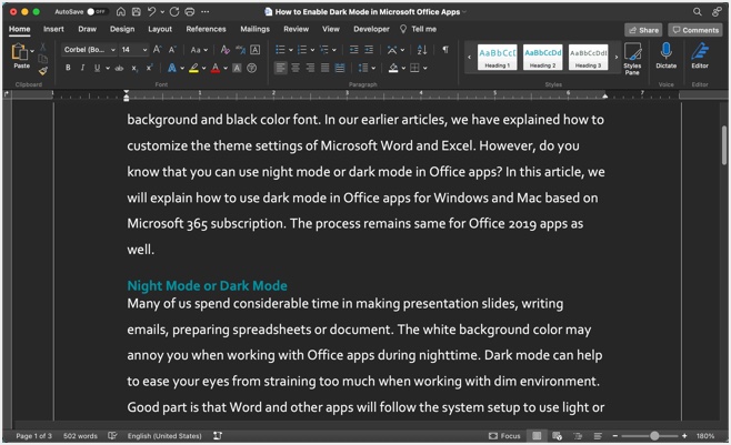 带有深色页面颜色的 Mac 应用程序的 Word