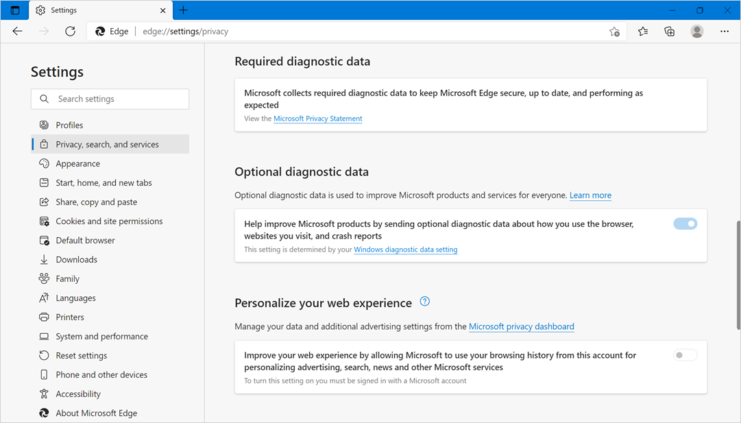 禁用与 Microsoft 的 Edge 数据共享