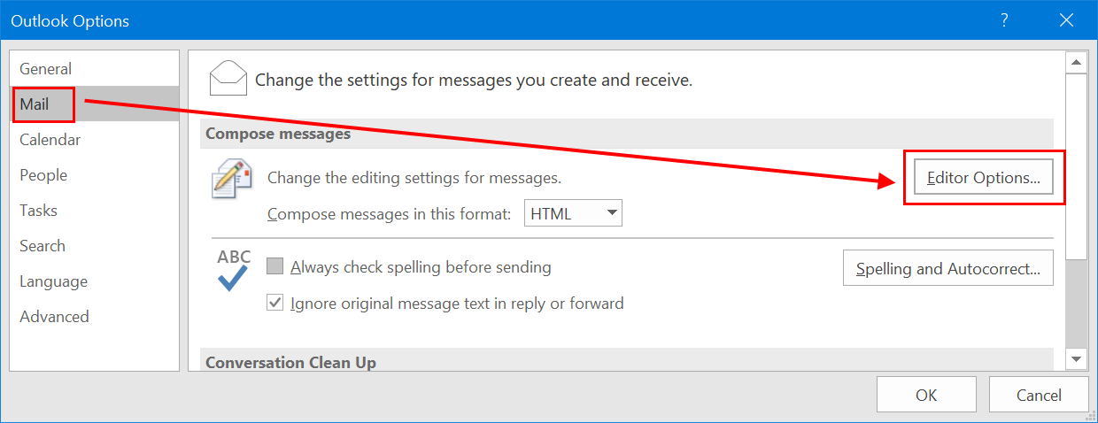 Outlook 中的编辑器选项