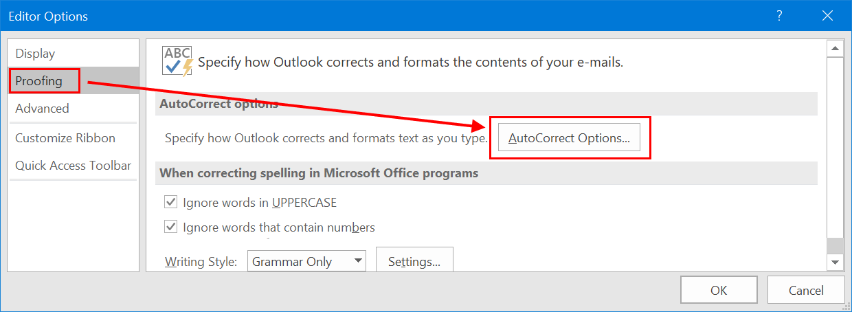 Outlook 中的自动更正选项