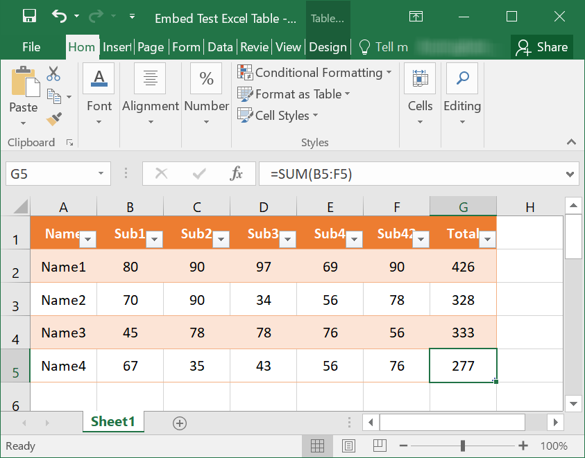 示例 Excel 文件