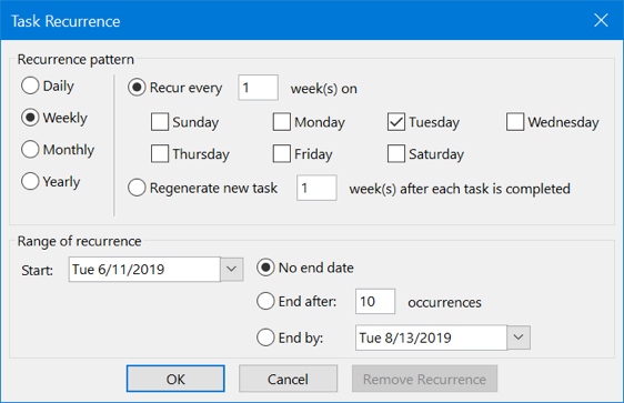 在 Outlook 中设置任务重复