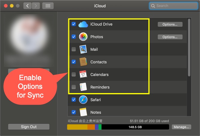 在 Mac 中启用 iCloud 同步选项