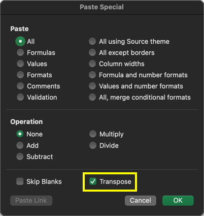 在 Mac Excel 中转置