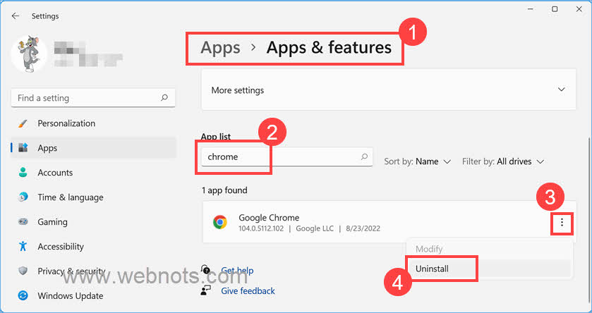 在 Windows 11 中卸载 Google Chrome 应用
