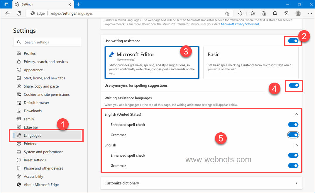在 Edge 设置中启用 Microsoft 编辑器