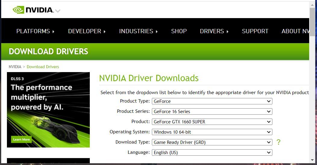 NVIDIA 驱动程序下载页面