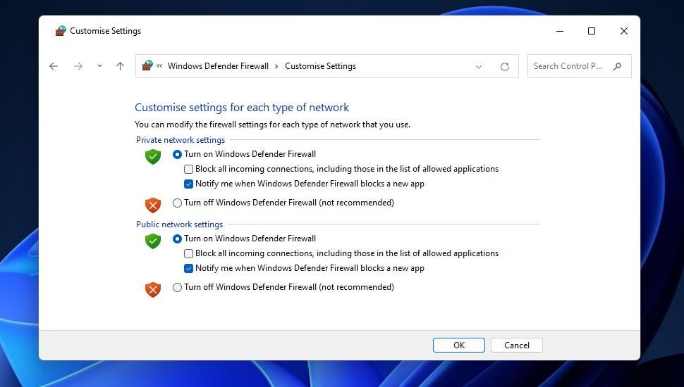 关闭 Windows Defender 防火墙选项 