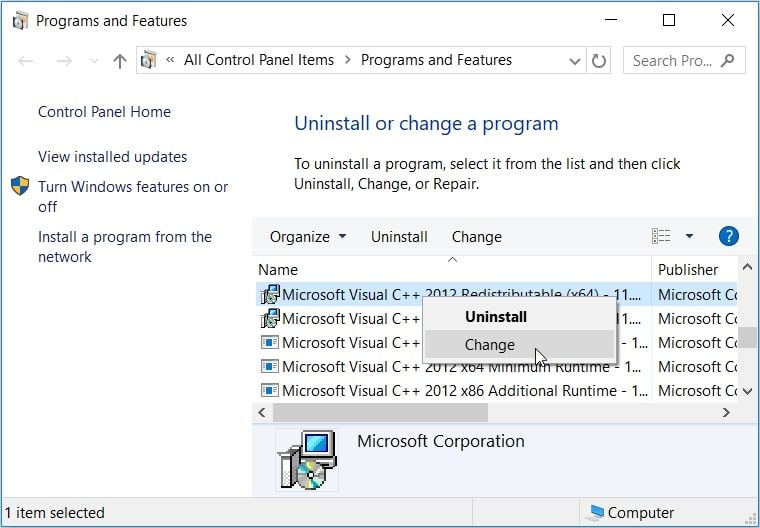 重新安装或修复 Microsoft Visual C++ 程序