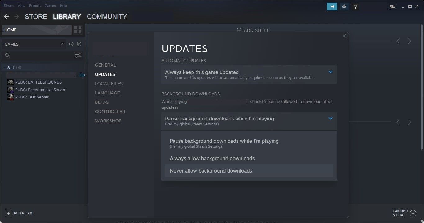 从 Steam 游戏更新设置的后台下载下拉菜单中选择从不允许后台下载选项