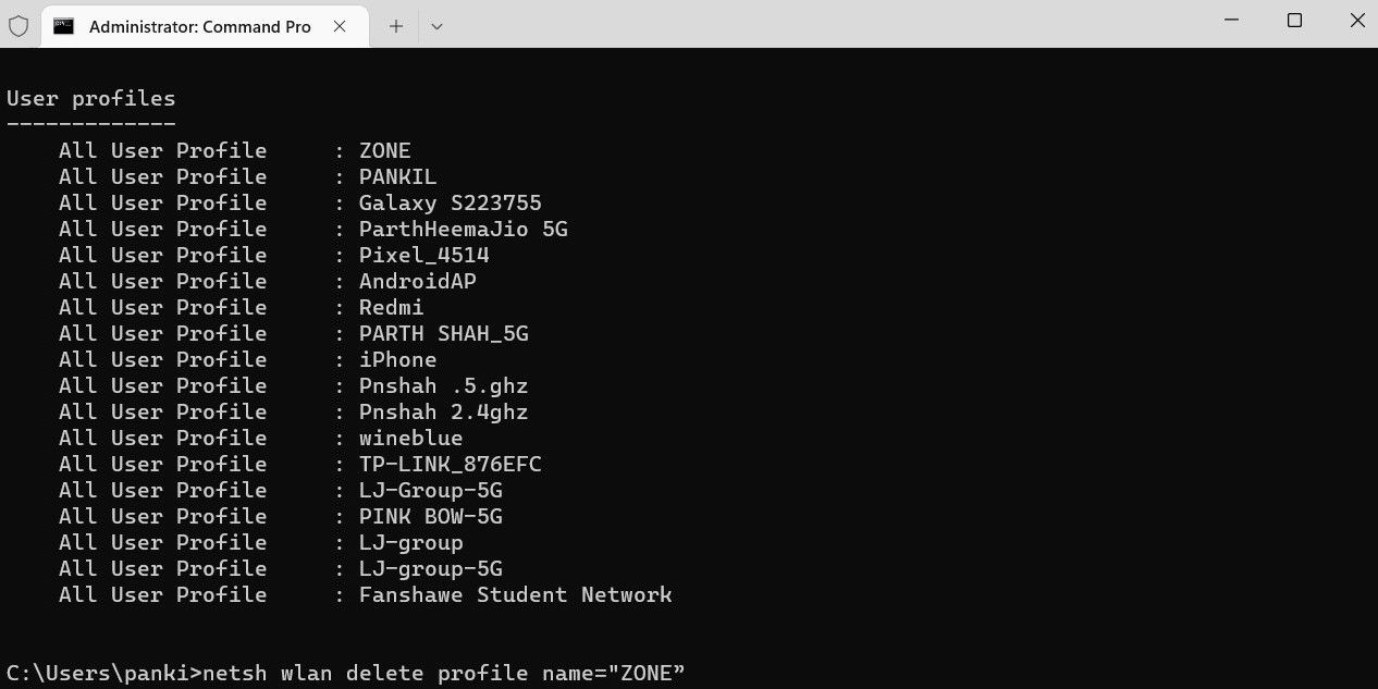 使用命令提示符删除已保存的 Wi-Fi 配置文件