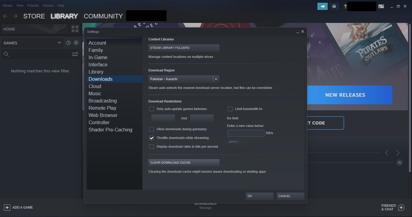 在 Steam 设置的下载选项卡中清除缓存数据