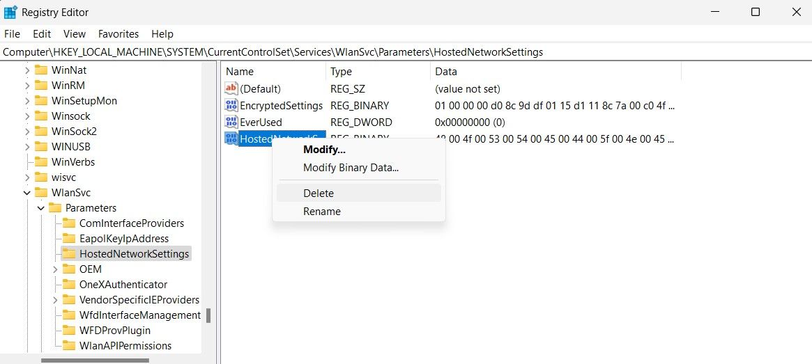 删除注册表中的 HostedNetworkSettings