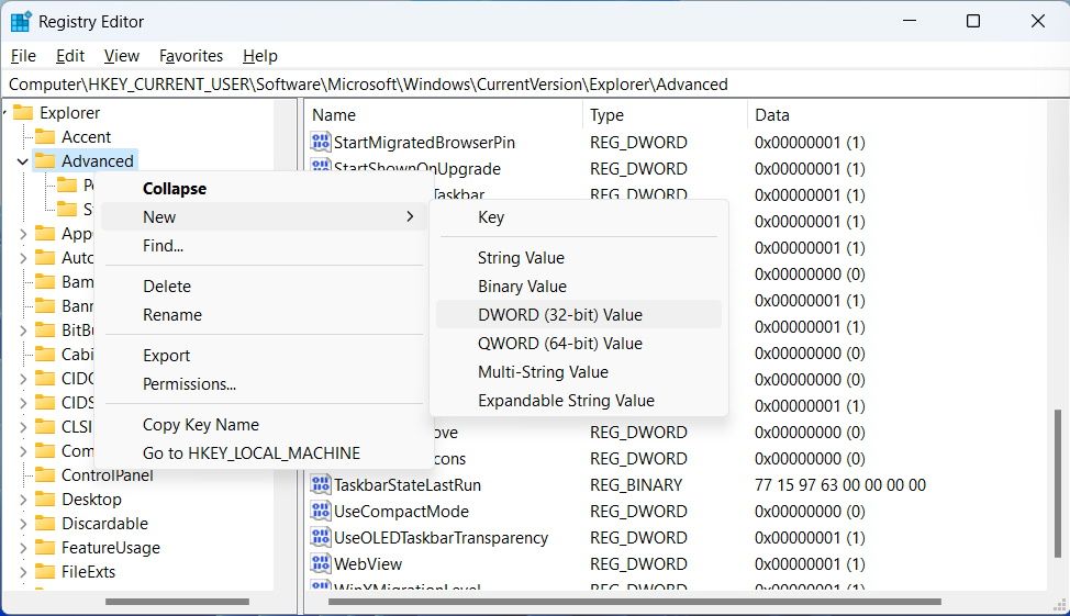 在 Windows 注册表编辑器的高级键中创建一个新的双字