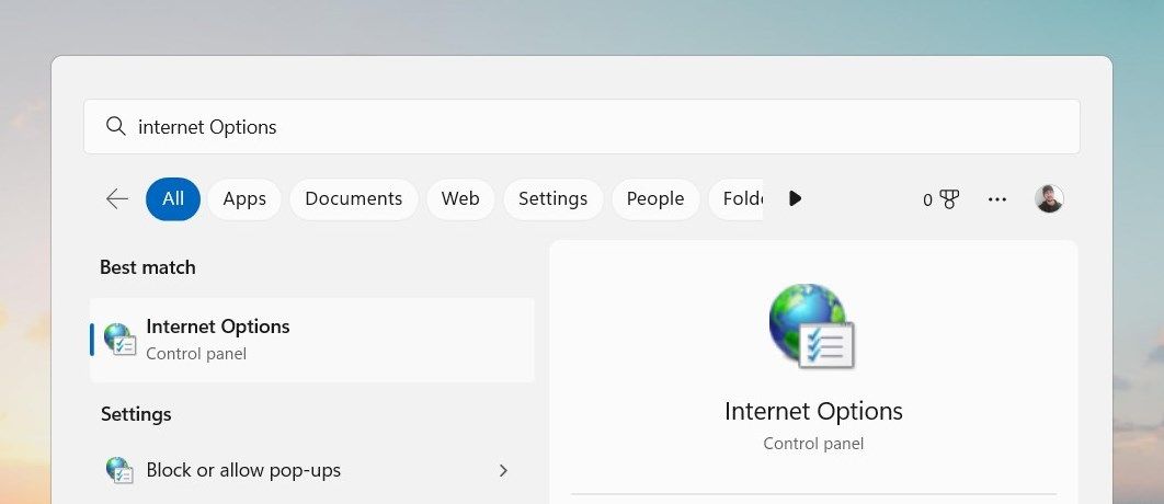 使用 Windows 搜索工具打开 Internet 选项