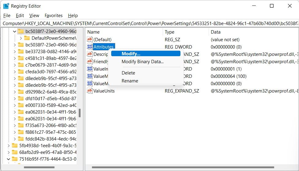 在 Windows 注册表编辑器中修改属性值