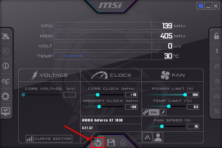 MSI Afterburner 工具中的重置选项