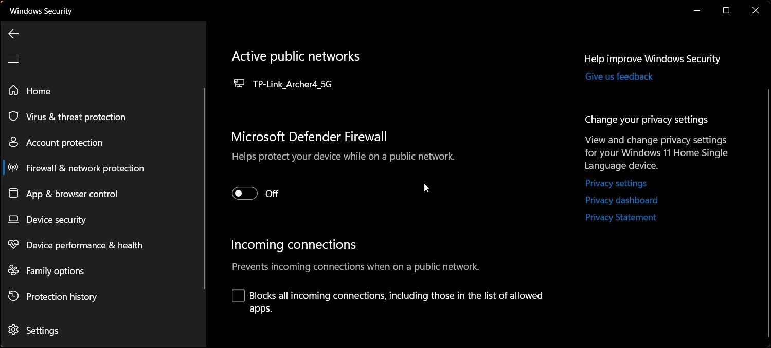 关闭 Windows Defender 防火墙