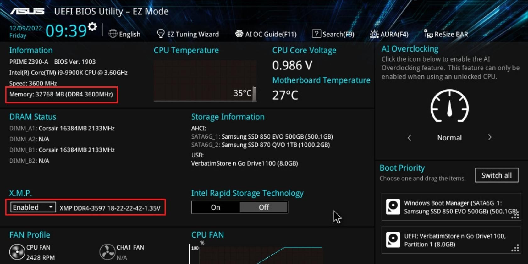 华硕 BIOS 在启用 XMP 的情况下显示 RAM 速度