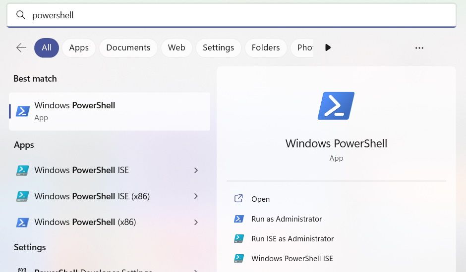 Windows 搜索结果中的 Windows PowerShell