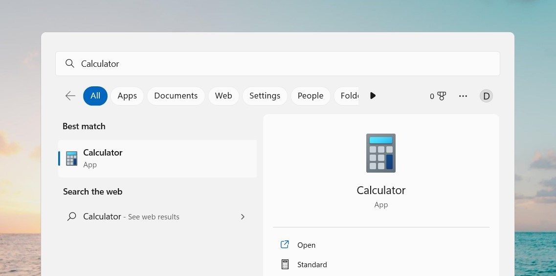 使用 Windows 搜索打开计算器