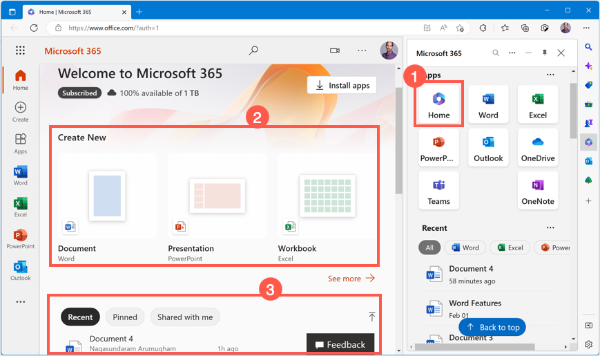 Edge 中的 Office 主页仪表板