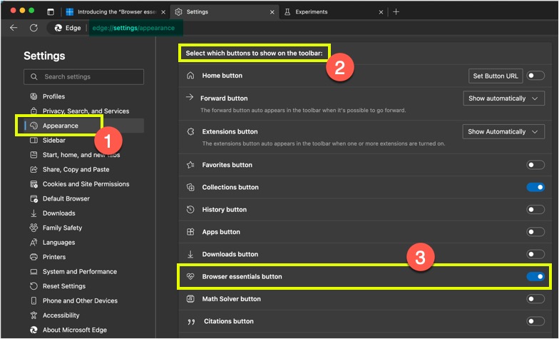 在 Edge 工具栏中显示 Browser Essentials 按钮
