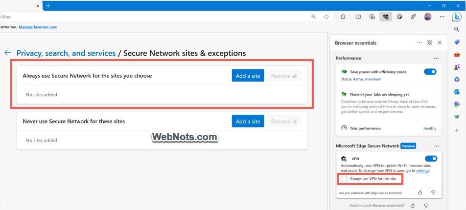 添加站点以在 Edge 中强制使用 VPN