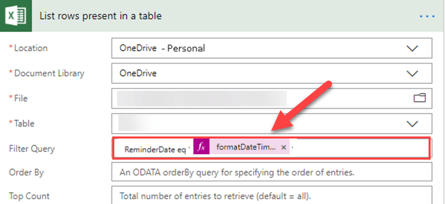 Power Automate - Filter Query field