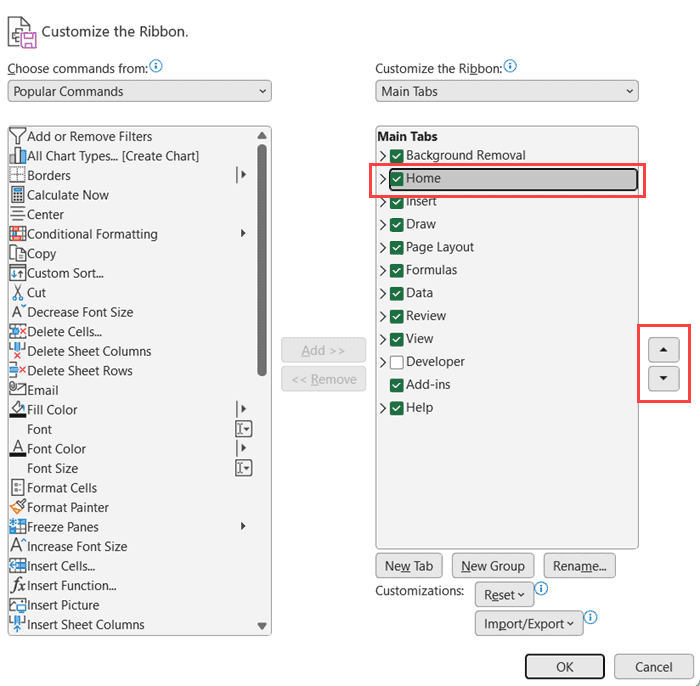 在Excel Ribbon中重新排序选项卡