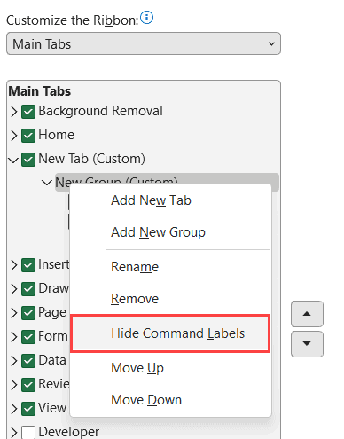 在Excel Ribbon中隐藏命令标签