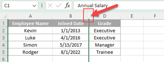 在 Microsoft Excel 中隐藏列