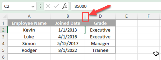 Excel 键盘快捷键可隐藏 Excel 中的列