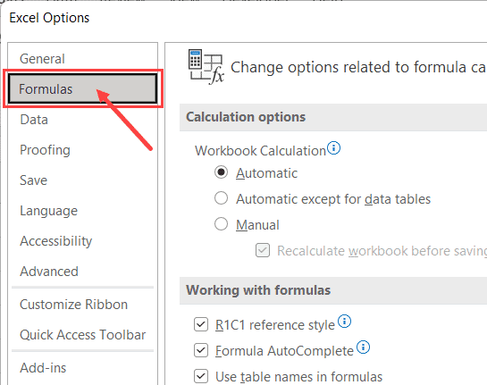 在 Excel 选项对话框中选择公式