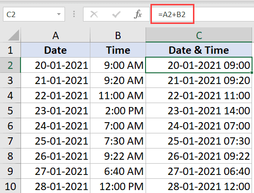 在Excel中合并日期和时间