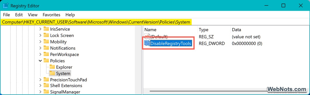 将 DWORD 重命名为DisableRegistryTools