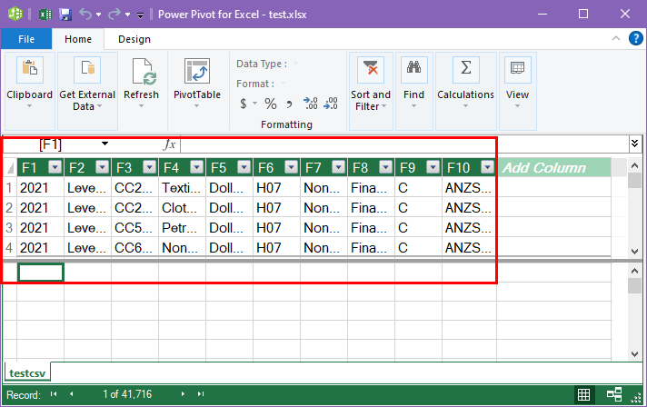 Power Pivot 中的 CSV 文件数据