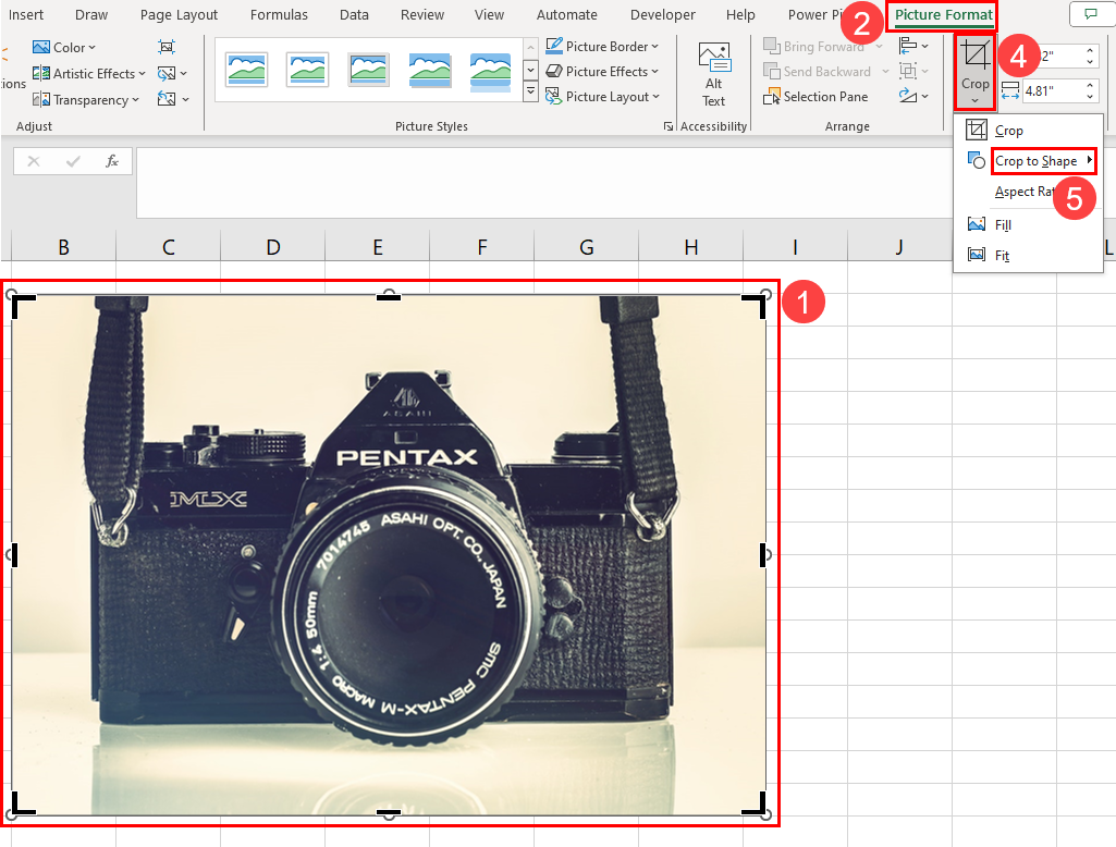 Crop tool on the Excel ribbon menu