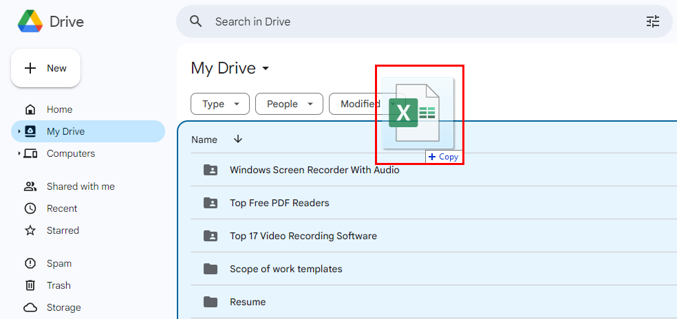 将 XLSX 文件拖放到 Google Drive 上