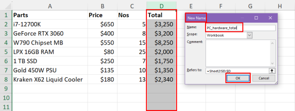 Excel 中的新名称对话框