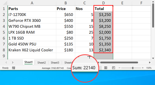 Excel 状态栏中的总和