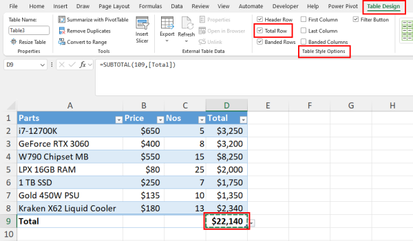 Excel 表格中的总计行