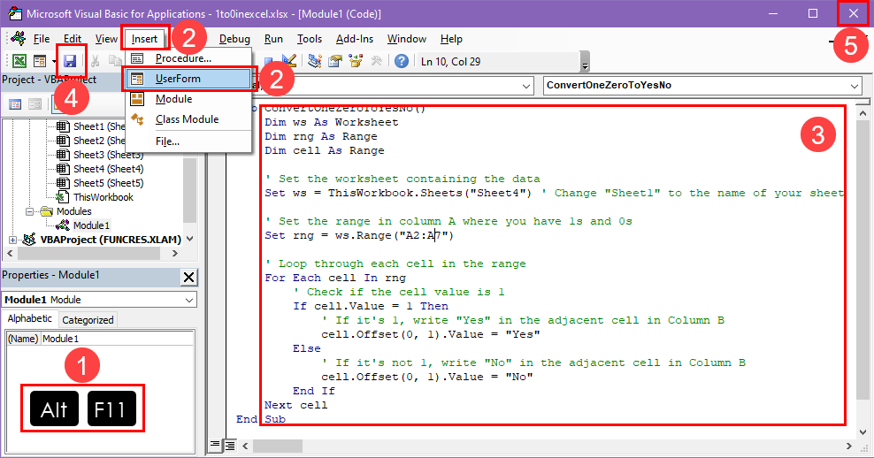 编写 VBA 脚本在 Excel 中将 1 0 转换为“是”或“否”