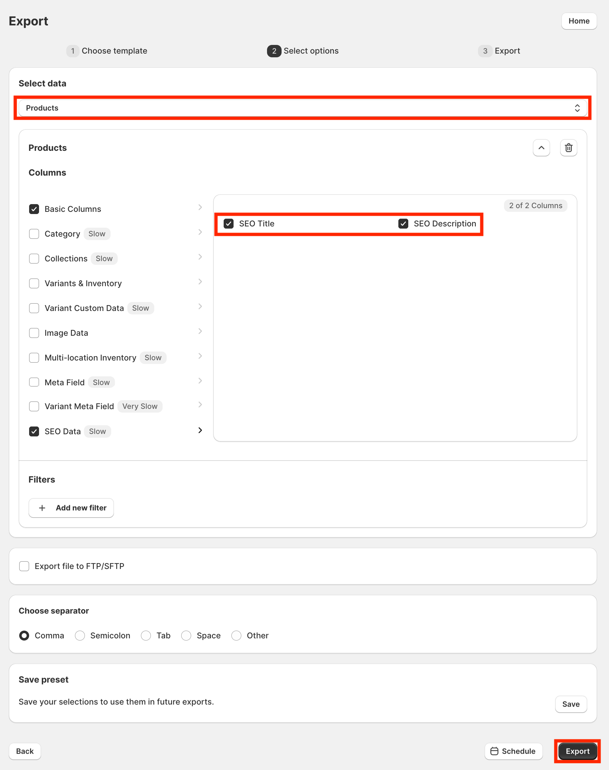 Choose to export Shopify SEO title and description