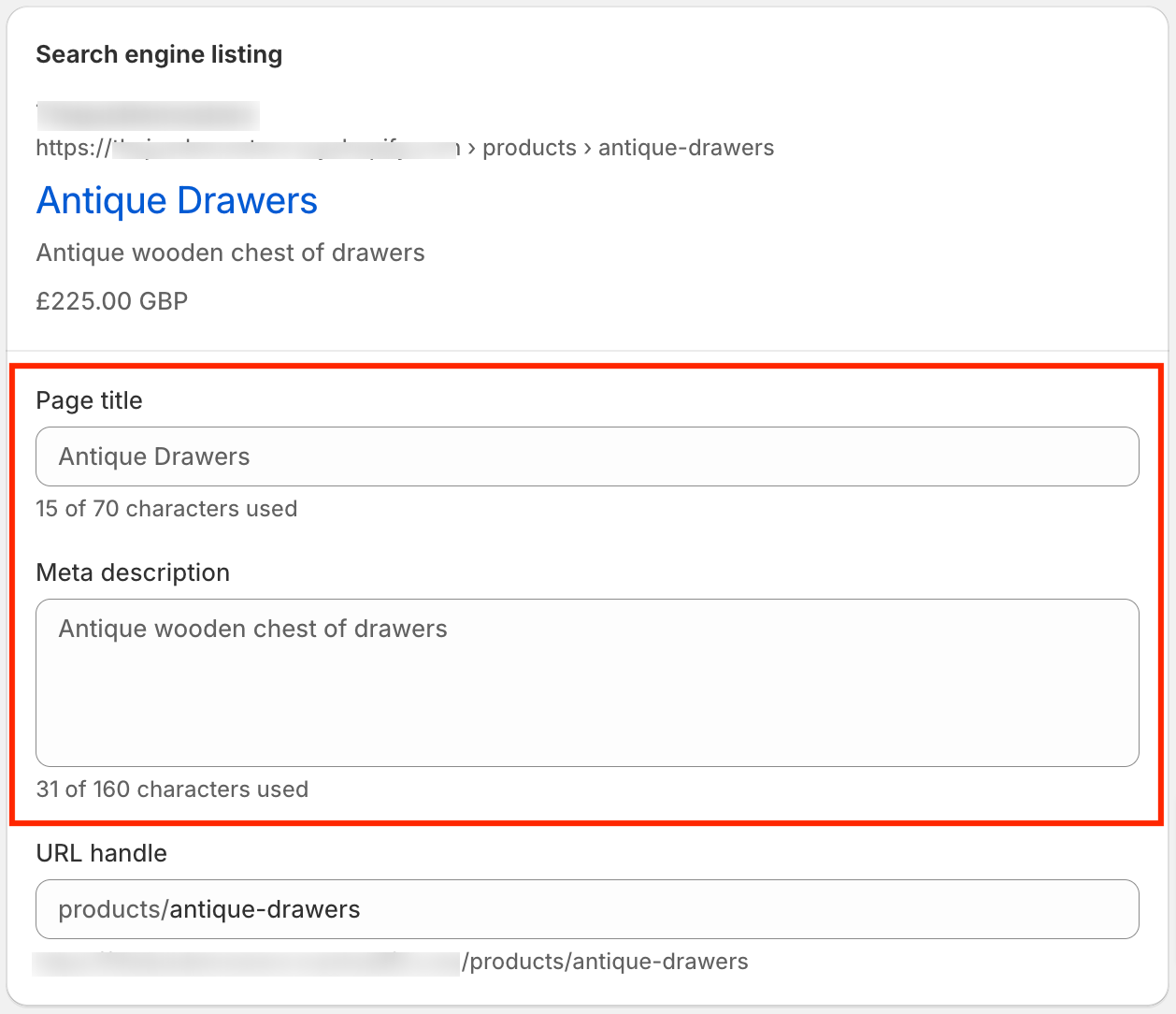 Search engine listing section in Shopify product edit page